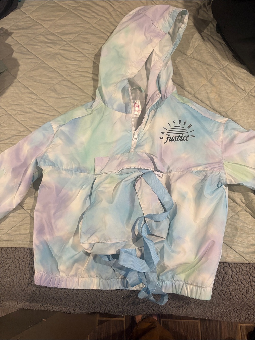 Justice Pastel Tie-Dye Hooded Windbreaker Jacket - Lavender, Mint, Sky Blue